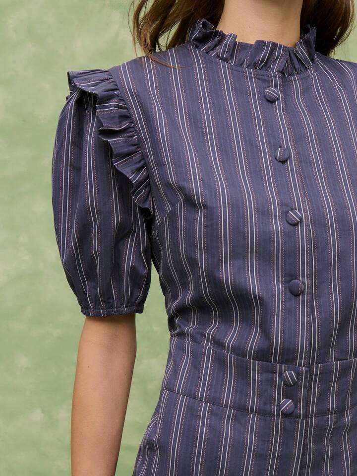 CM-JS316963 Women Casual Seoul Style Ruffled Collar Puff Sleeve Wide Leg Pinstripe Jumpsuit - Navy Blue