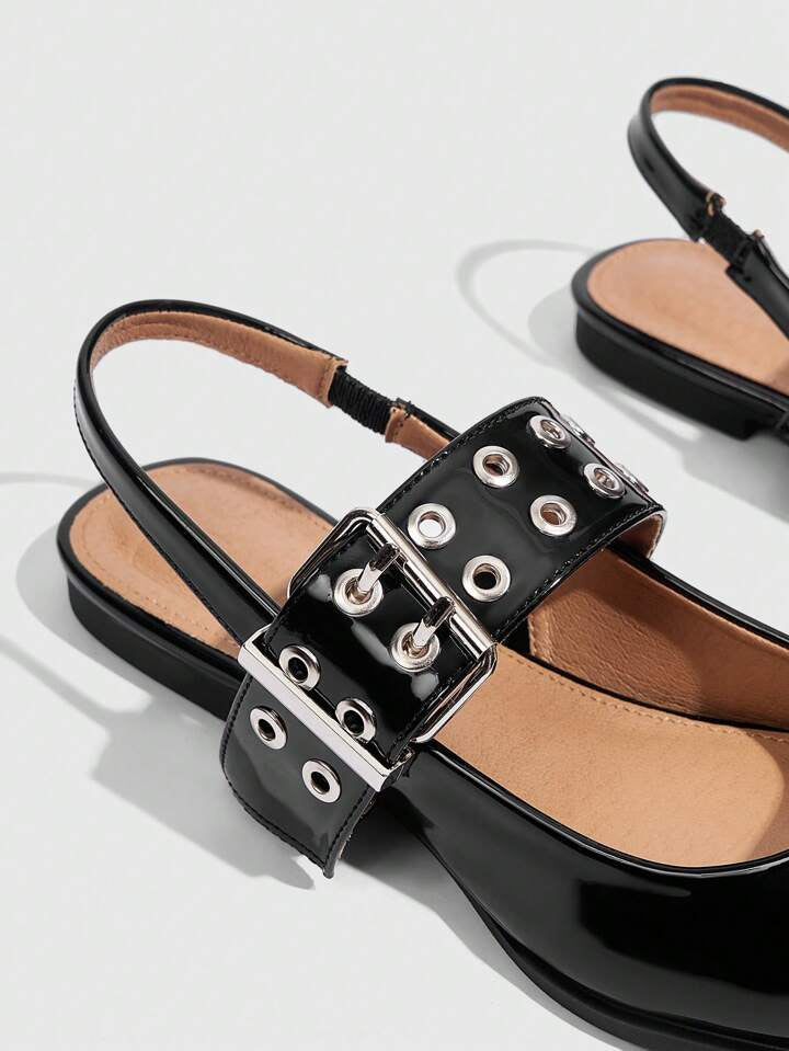 CM-SHS211748 Women Trendy Seoul Style Shiny Patent Leather Pointed Toe Slingback Flats - Black