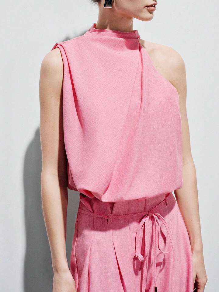 CM-SS704475 Women Elegant Seoul Style Loose High Collar Design Top With Drawstring Waist Straight Loose Pants - Set