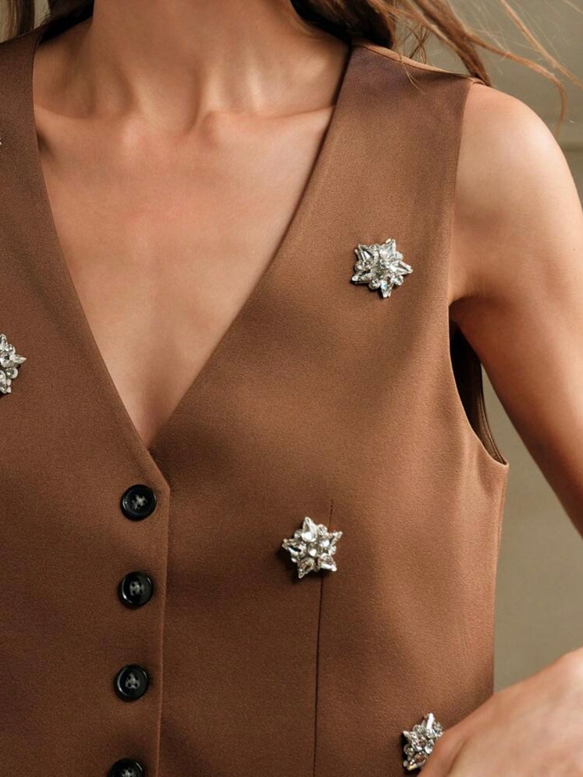 CM-TS215858 Women Casual Seoul V-Neck Rhinestone Embellished Sleeveless Vest - Mocha Brown
