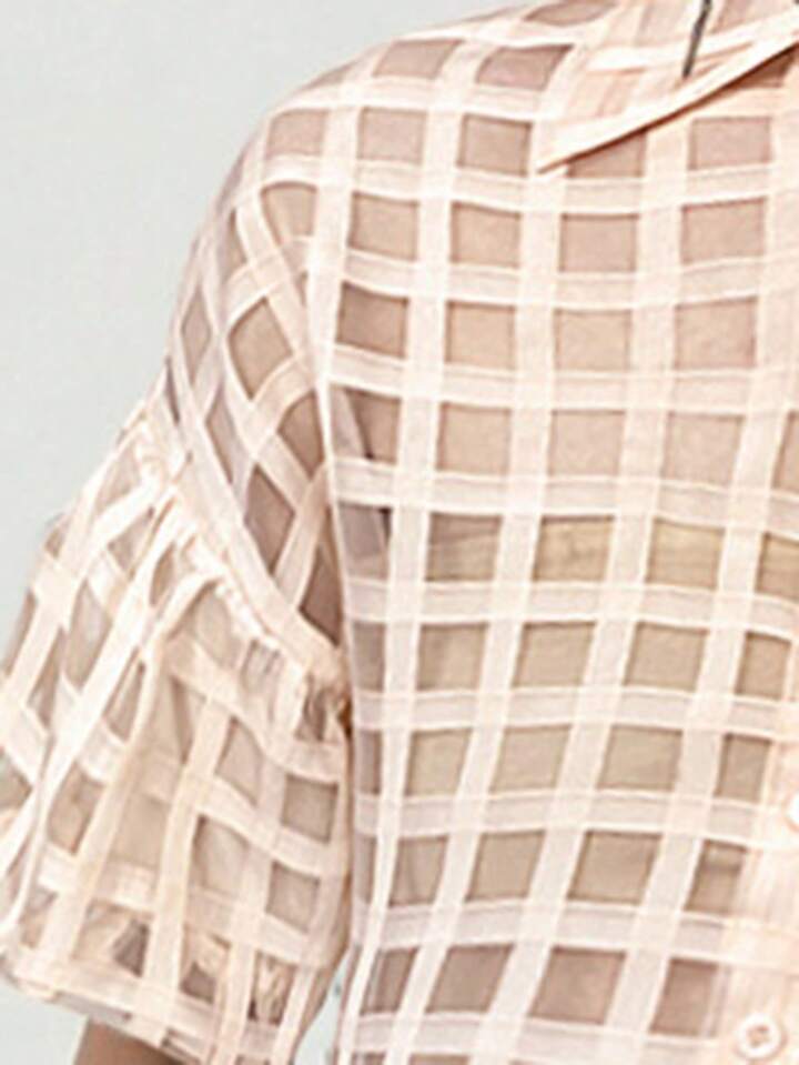 CM-TS615490 Women Casual Seoul Style Plaid Mesh Drop Shoulder Crop Shirt - Apricot