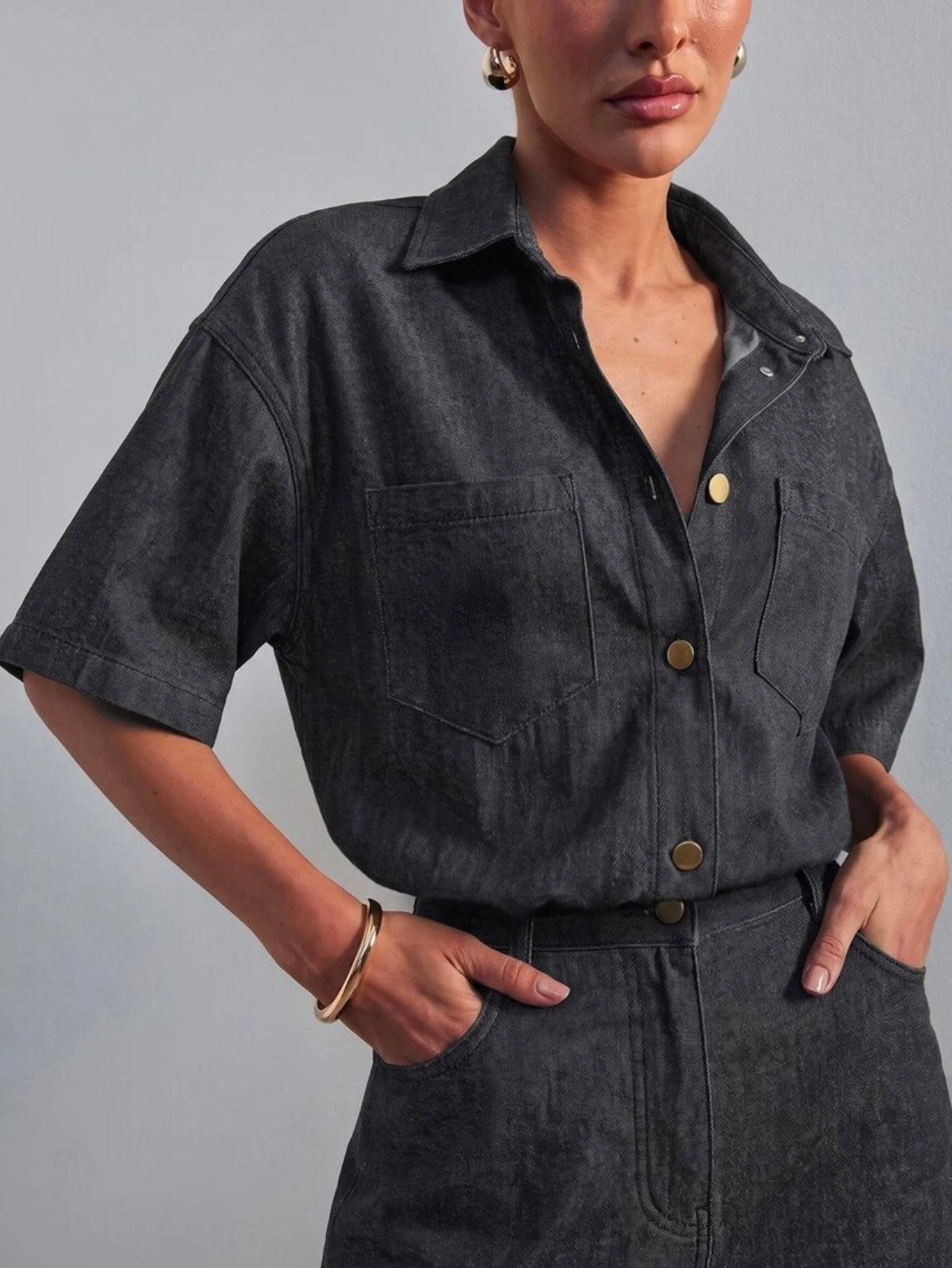 CM-JS853091 Women Casual Seoul Style Collared Short Sleeve Relaxed Denim Jumpsuit - Black