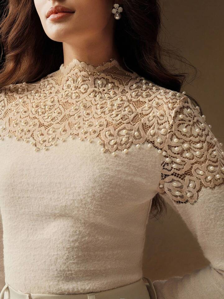 CM-TS651303 Women Elegant Seoul Style Lace Crew Neck Long Sleeve Slim Fit Top - Apricot