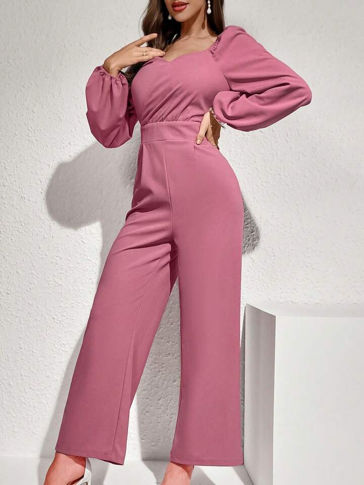CM-JS298299 Women Elegant Seoul Style High Neck Lantern Sleeve Jumpsuit - Pink