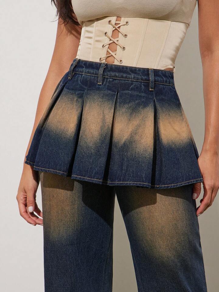 CM-BS380879 Women Casual Seoul Style Dark Wash Layered Pleated Skirt Relaxed Fit Jeans