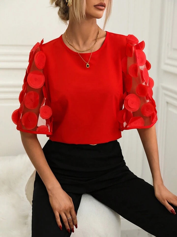 CM-TS636193 Women Casual Seoul Style Round Neck Contrast Mesh Sleeve Blouse - Red
