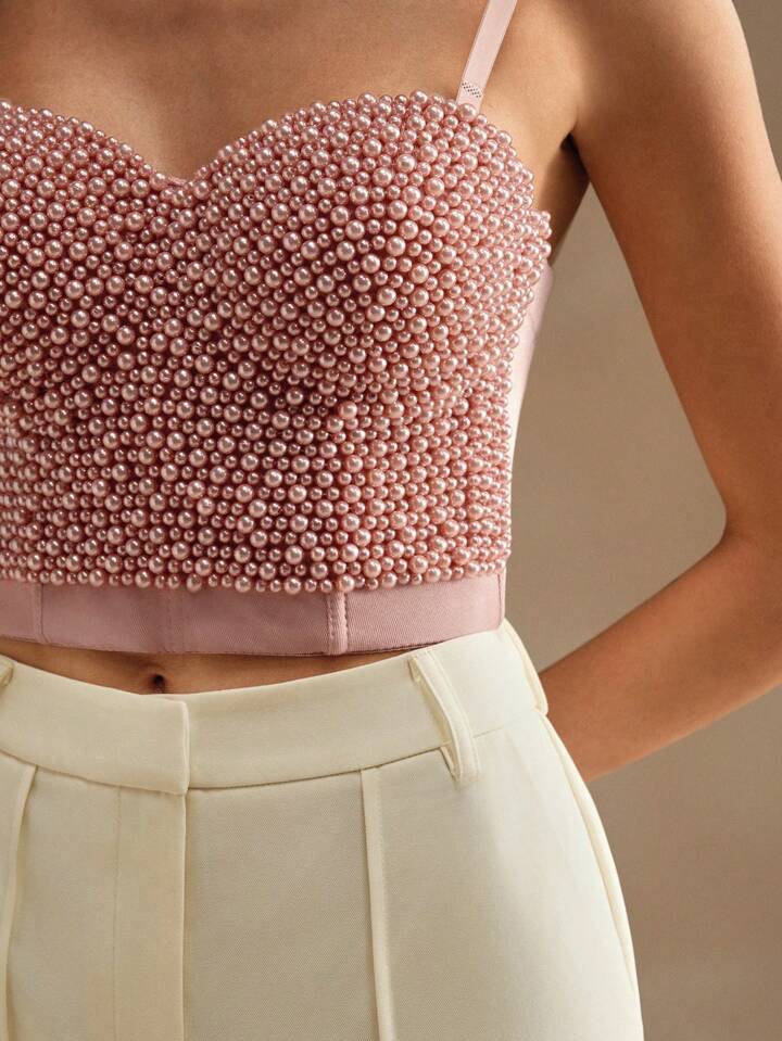 CM-TS942269 Women Elegant Seoul Style Faux Pearl Studded Camisole Tank Top - Pink