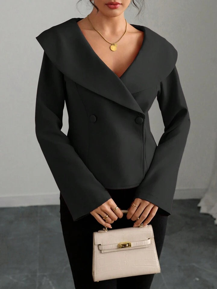 CM-TS371273 Women Elegant Seoul Style Solid Color Wide Lapel Open Shoulder Bell Sleeve Long Sleeve Blouse - Black