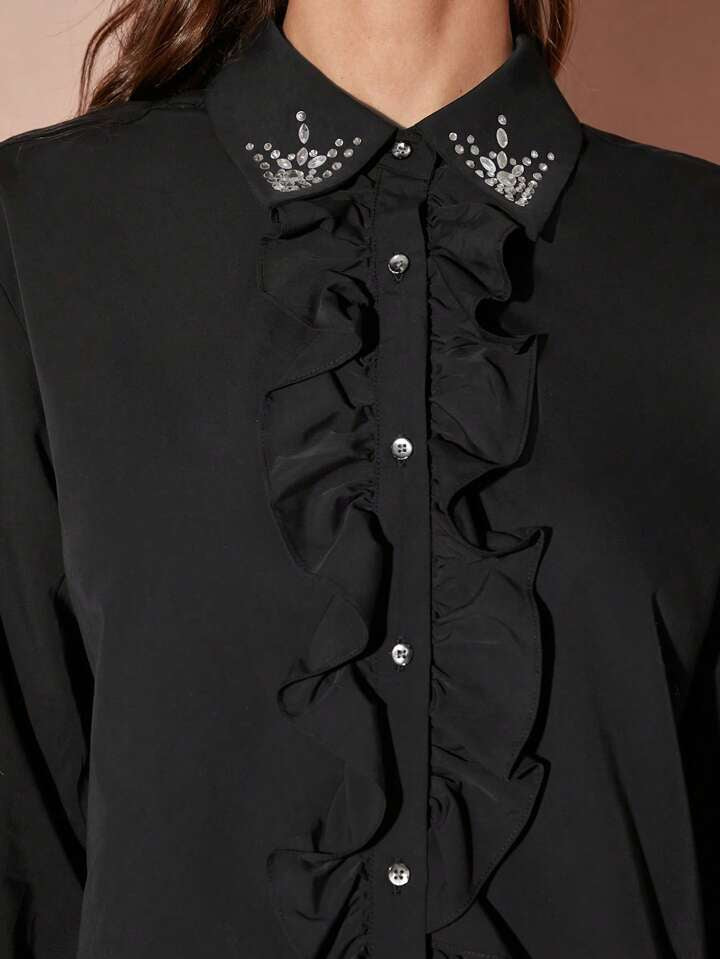 CM-TS993397 Women Elegant Seoul Style Collar Neckline Ruffle Rhinestone Decor Blouse - Black
