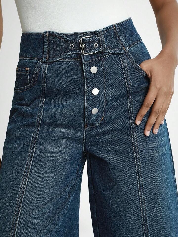 CM-BS200792 Women Casual Seoul Style Button Front Pocket Wide Leg Loose 7/8 Length Jeans