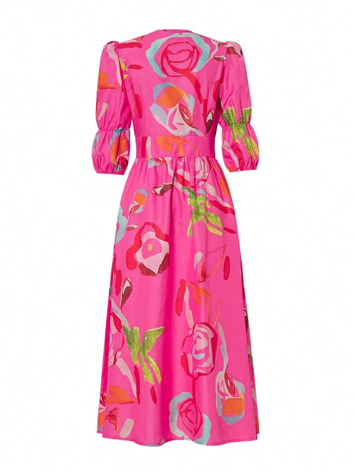 CM-DS197769 Women Trendy Bohemian Style Floral Print Loose Short Sleeve V-Neck Dress - Hot Pink