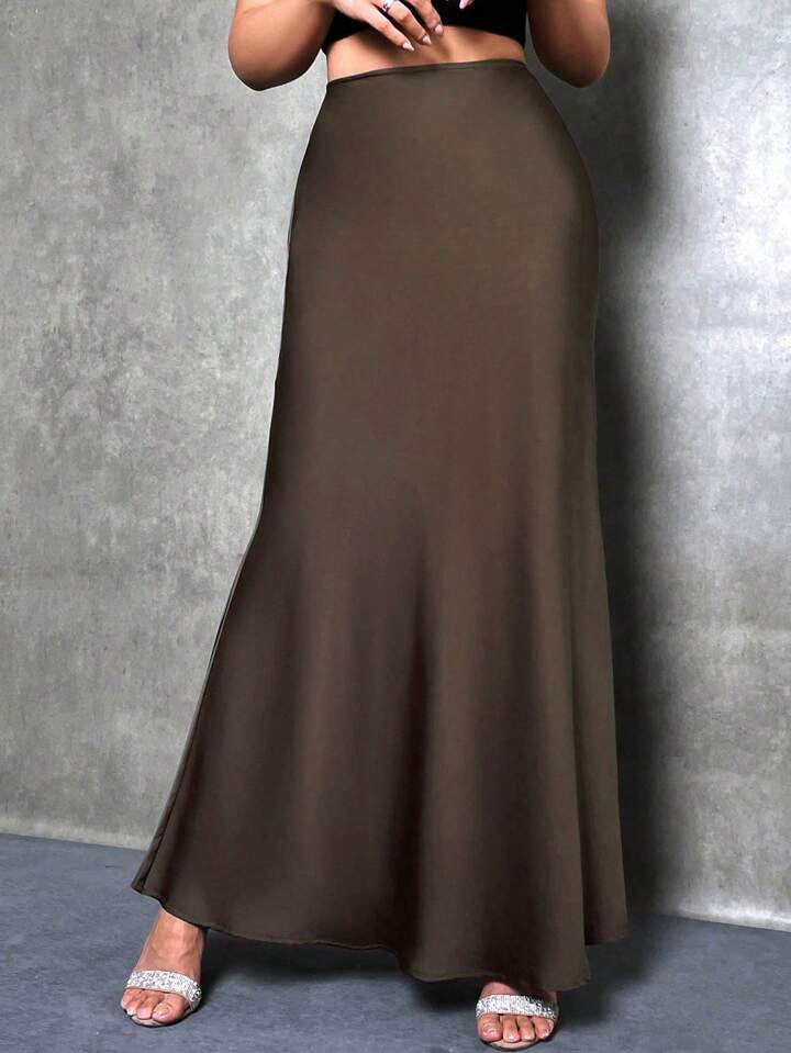 CM-BS056951 Women Casual Seoul Style Solid Asymmetrical Mermaid Hem Skirt - Coffee Brown