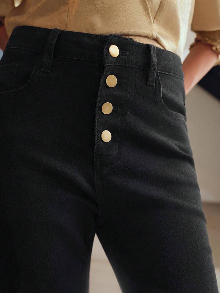 CM-BS949669 Women Elegant Seoul Style Button Fly Tapered Crop Jeans - Black