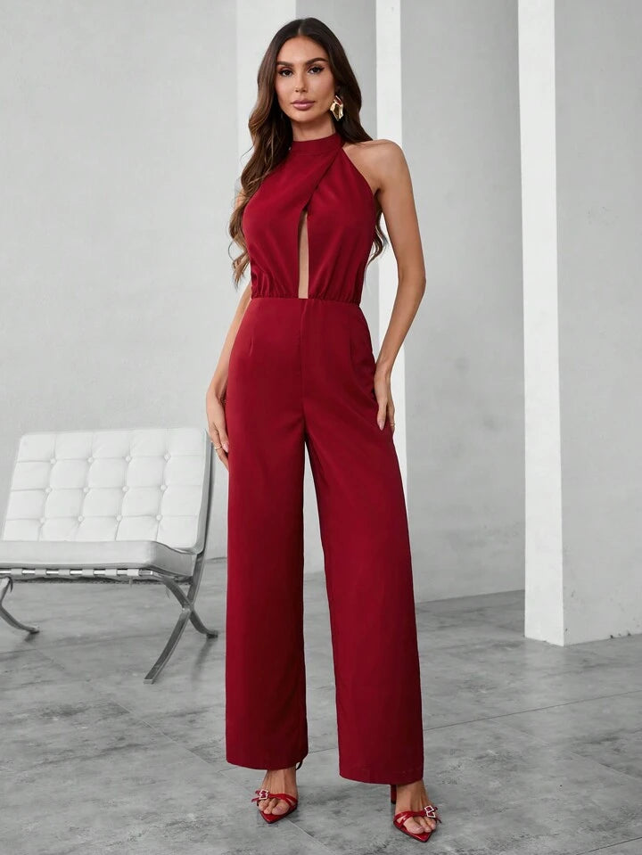 CM-JS580498 Women Elegant Seoul Style Hollow Out Solid Color Halter Neck Jumpsuit - Burgundy