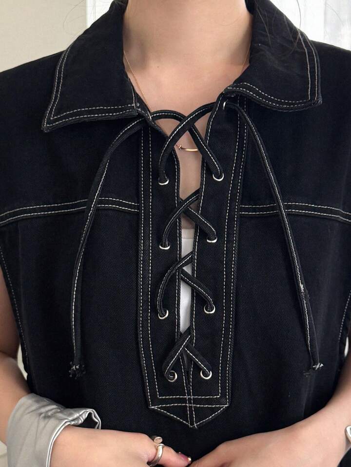 CM-DS455128 Women Casual Seoul Style Collar Neckline Batwing Sleeve Denim Dress - Black