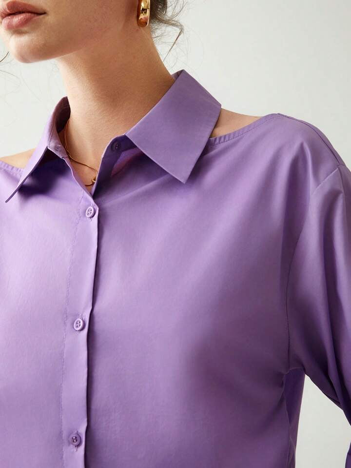 CM-TS048041 Women Casual Seoul Style Cut Out Shoulder Button Front Shirt - Purple