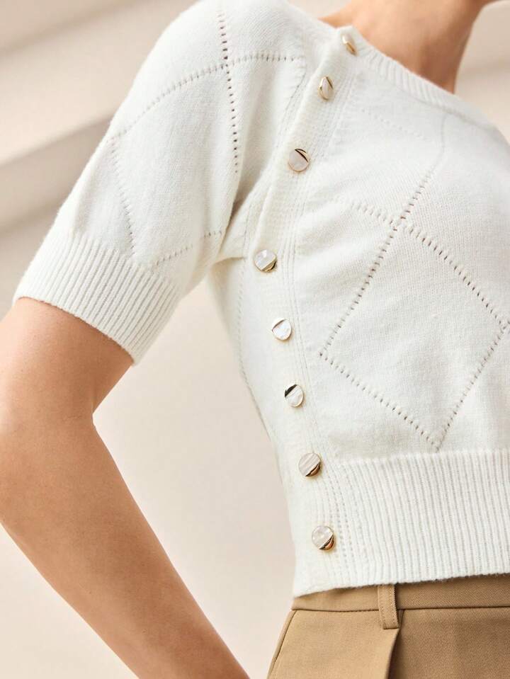 CM-TS942549 Women Casual Seoul Style Solid Color Round Neck Short Sleeve Knit Blouse - White
