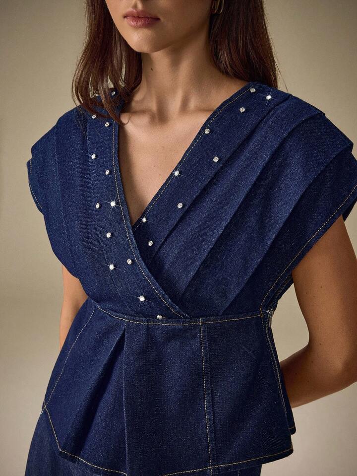 CM-TS983839 Women Casual Seoul Style Dark Wash Deep V-Neck Kimono Sleeve Denim Blouse