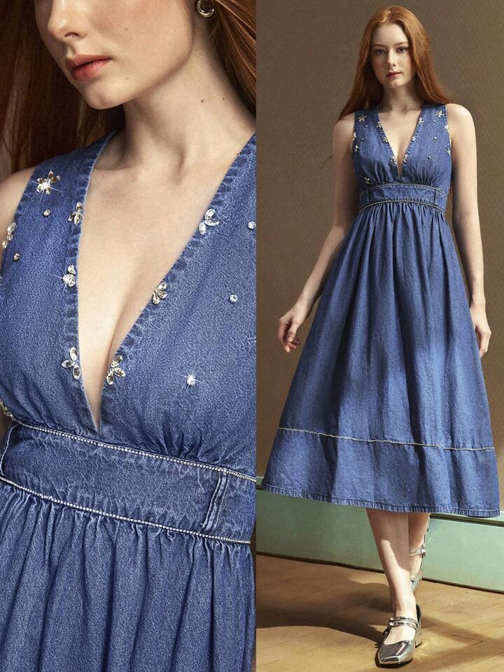 CM-DS211413 Women Casual Seoul Style Deep V-Neck Spaghetti Strap High Waist Denim Dress - Blue