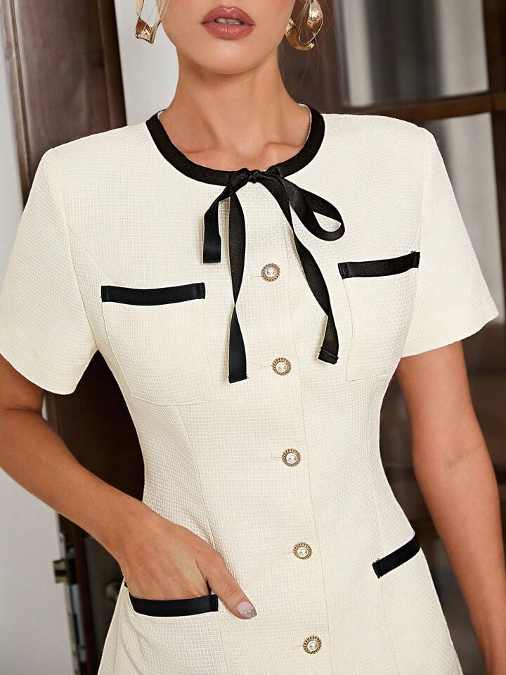 CM-DS508450 Women Elegant Seoul Style Round Neck Bowknot Waist Belted Dress - Champagne