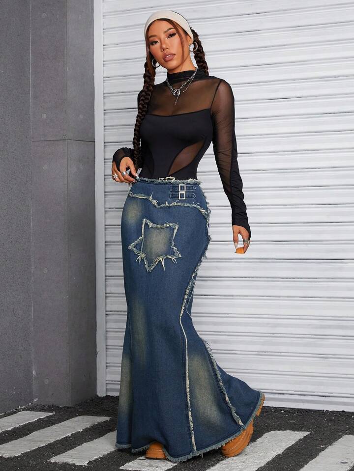CM-BS734918 Women Casual Seoul Style Medium Wash Drop Waist Frayed Hem Denim Mermaid Skirt