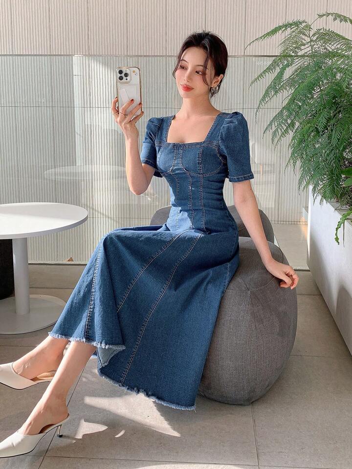 CM-DS600208 Women Casual Seoul Style Square Neckline Puff Sleeve Frayed Hem Denim Dress - Blue