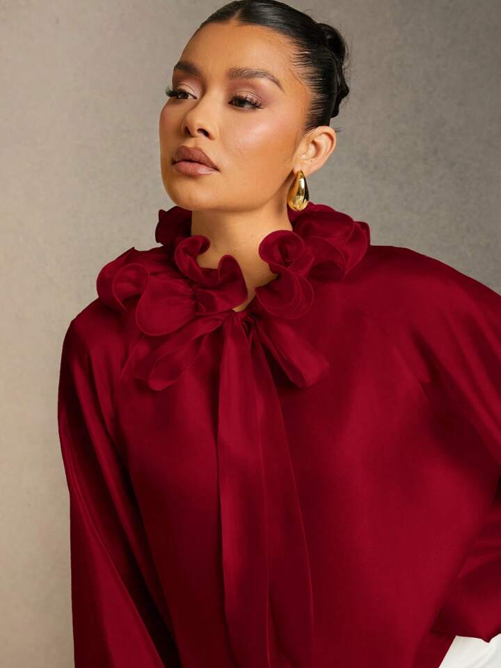 CM-TS761367 Women Elegant Seoul Style Solid Color Ruffle Trim Tie Neck Lantern Sleeve Blouse - Burgundy
