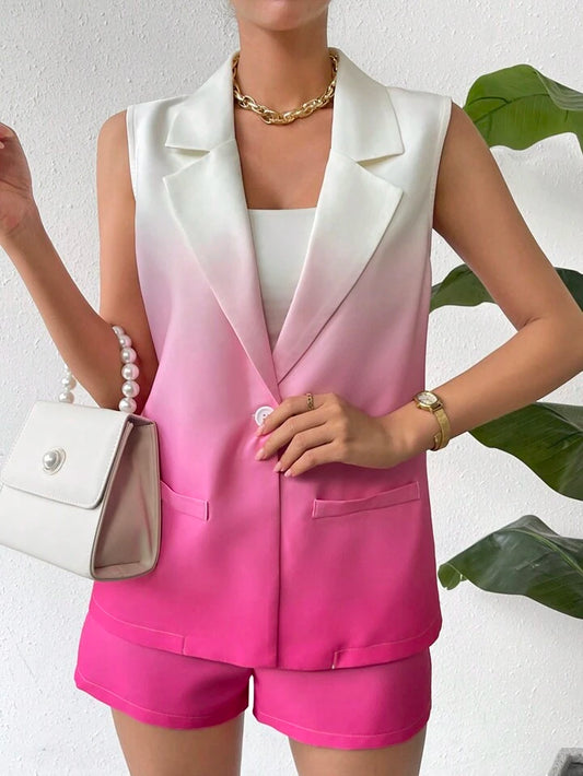CM-SS476499 Women Casual Seoul Style Gradient Lapel Collar Vest AWith Shorts Suit - Pink