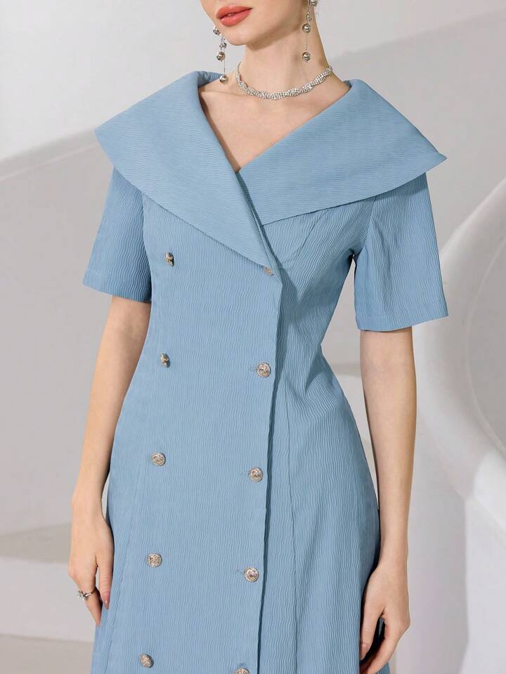 CM-DS665616 Women Elegant Seoul Style Solid Color Lapel Neckline Double-Breasted Short Sleeve Long Dress - Blue