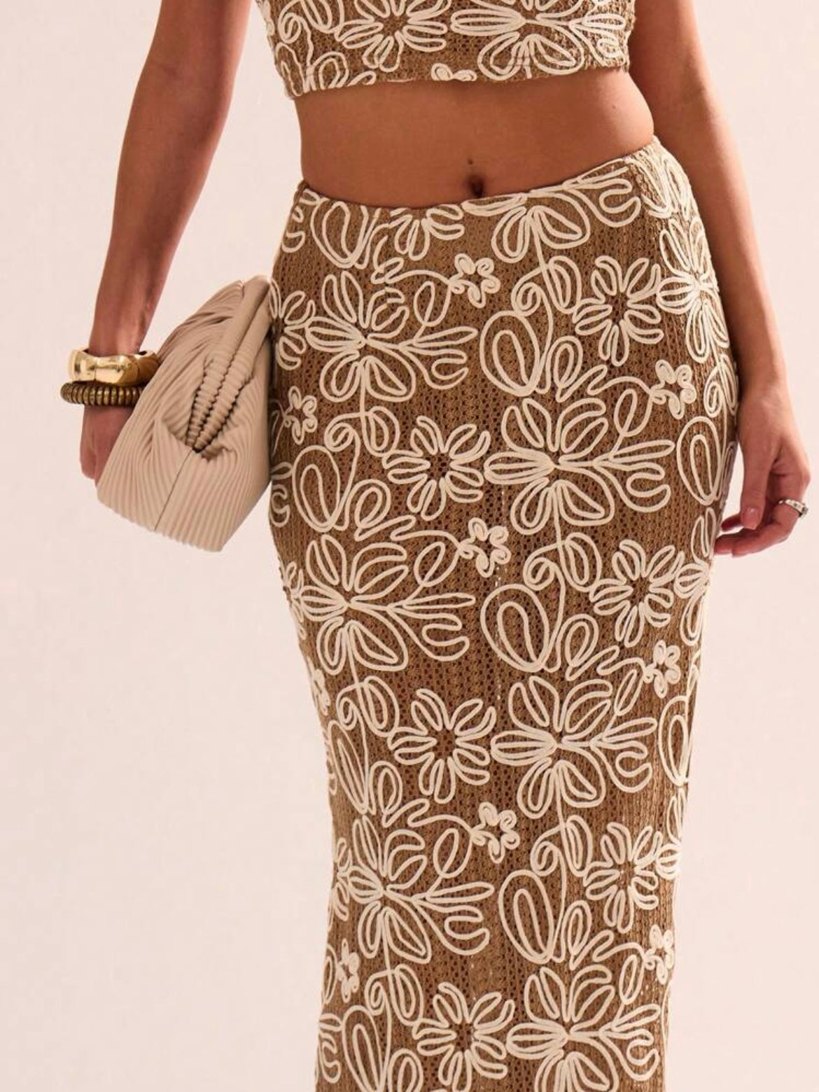 CM-BS773779 Women Trendy Bohemian Style Floral Over-All Print Satin Stretch Maxi Skirt - Apricot