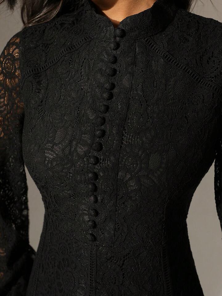 CM-DS748677 Women Elegant Seoul Style Lace Mandarin Collar Long Sleeve A-Line Dress - Black