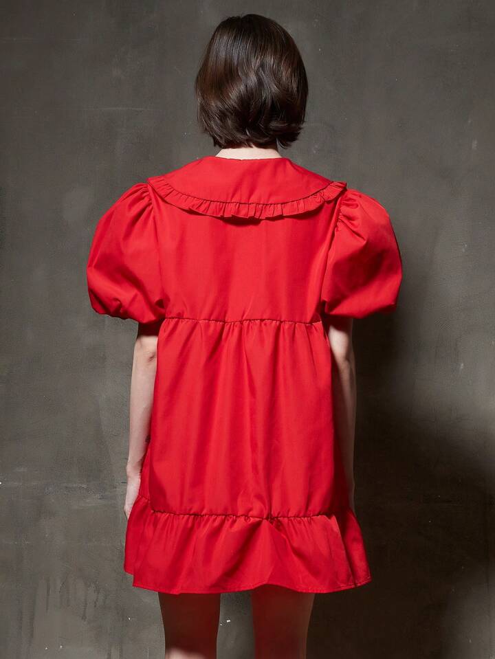 CM-DS665783 Women Elegant Seoul Style Peter Pan Collar Short Puff Sleeve Dress - Red