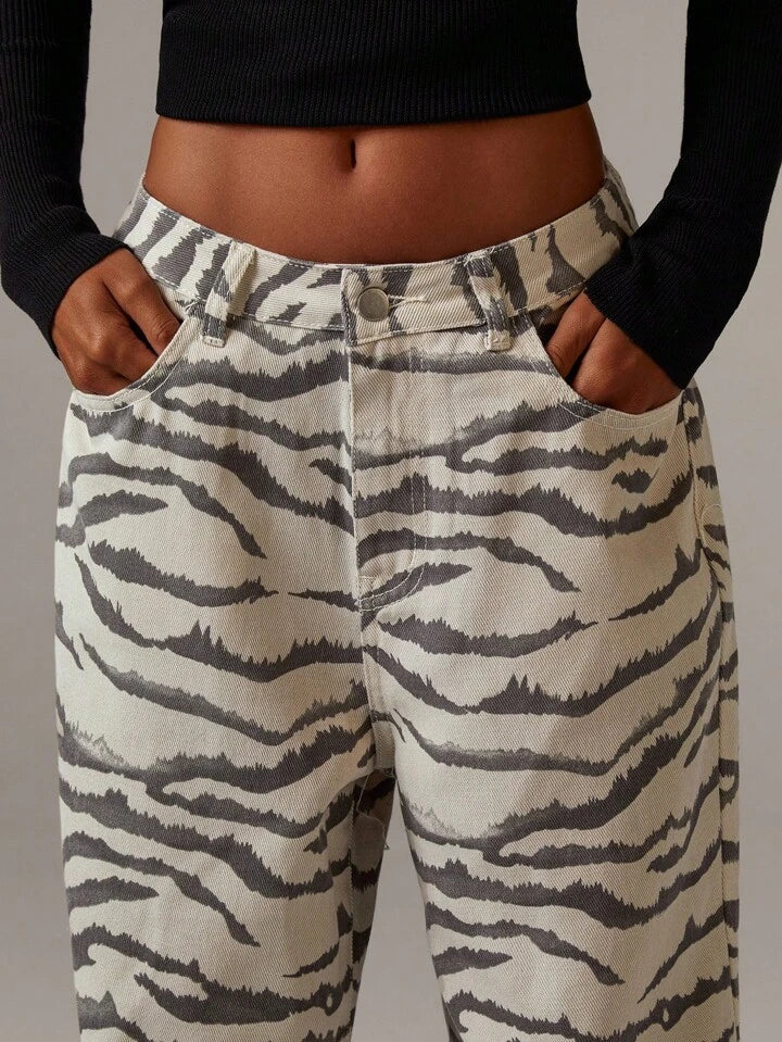CM-BS140606 Women Casual Seoul Style Zebra Print High Waist Extra Long Wide Leg Jeans - Khaki