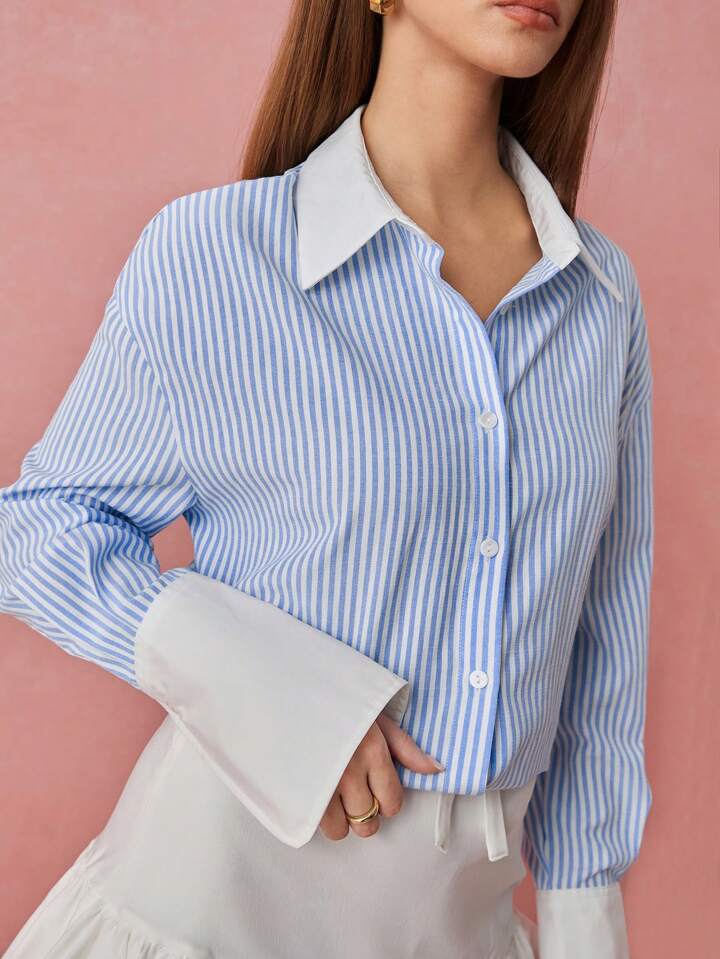 CM-TS919017 Women Casual Seoul Style Stripe Patchwork Collar Neckline Long Sleeve Blouse - Blue