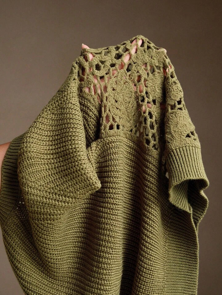 CM-CS500275 Women Elegant Seoul Style Crochet Openwork And Patchwork Design Loose Knit Sweater - Green