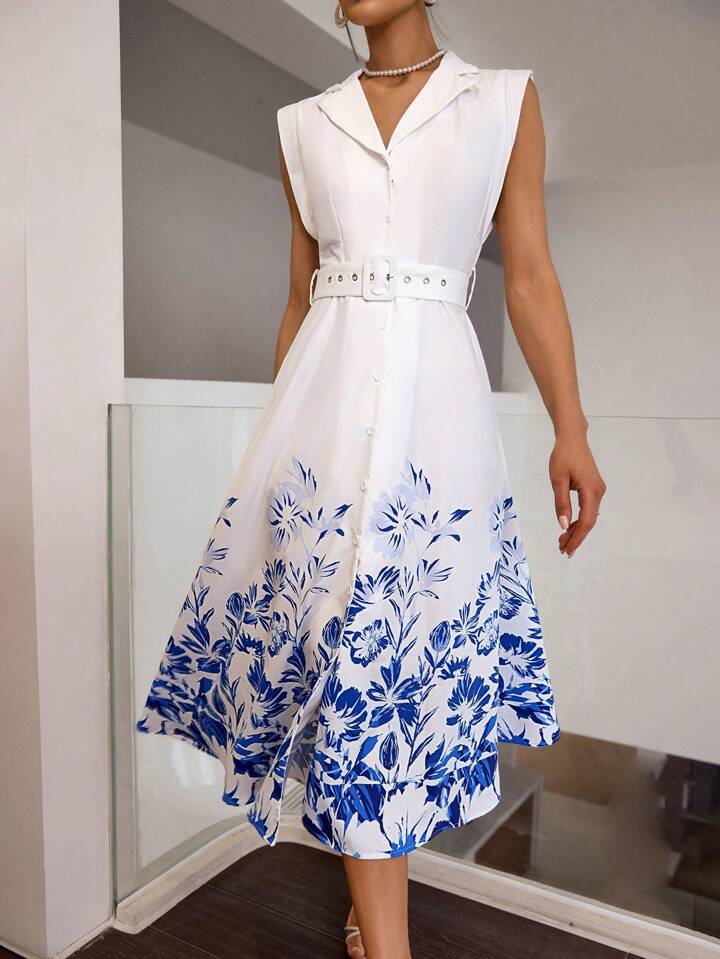 CM-DS824295 Women Elegant Seoul Style Floral Printed Front Button Sleeveless Dress - White