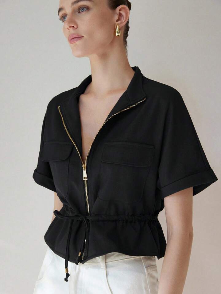 CM-TS180766 Women Casual Seoul Style Two Symmetrical Pockets Short Sleeve Cinched Waist Top - Black