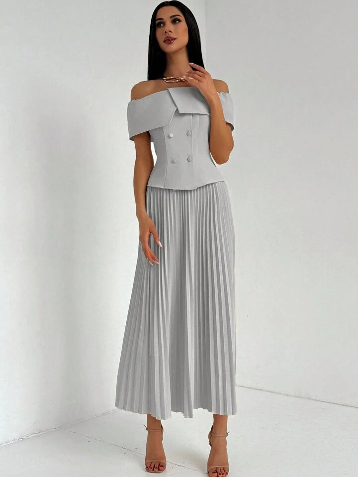CM-SS552860 Women Elegant Seoul Style Off-Shoulder Waist-Cinched Slim Fit Blouse With Pleated Skirt - Set
