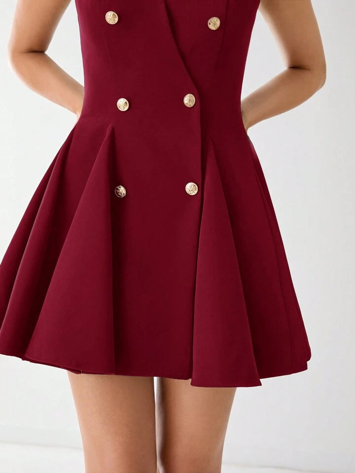 CM-DS856616 Women Elegant Seoul Style V-Neck Front Button Sleeveless A-Line Mini Dress - Burgundy