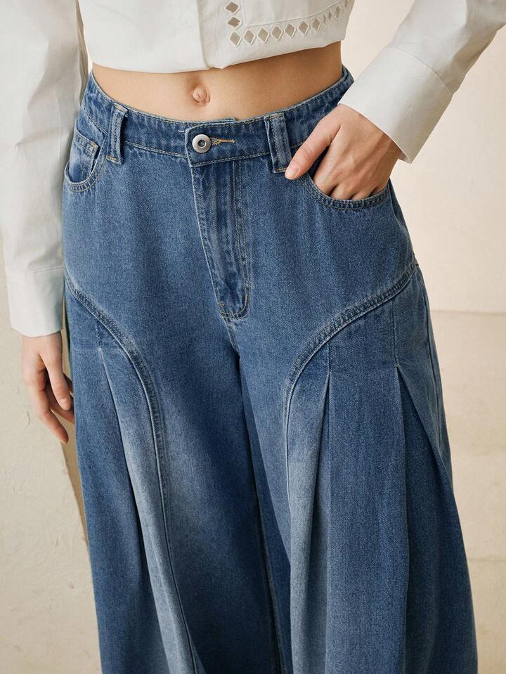 CM-BS575502 Women Casual Seoul Style High-Waisted Crease Split Lines Wide-Leg Jeans - Blue