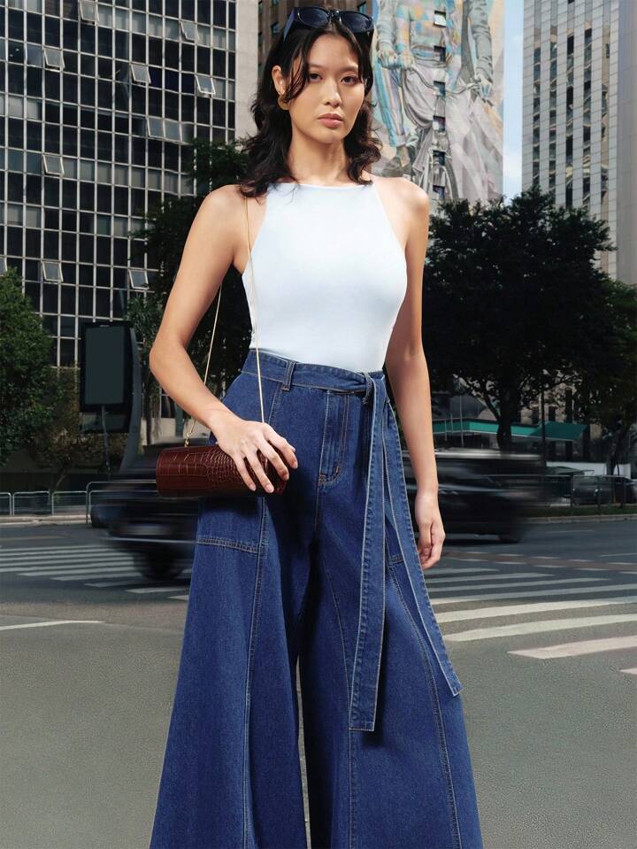 CM-BS001911 Women Casual Seoul Style Dark Wash Knotted Waist Loose Fit Bell Bottom Jeans