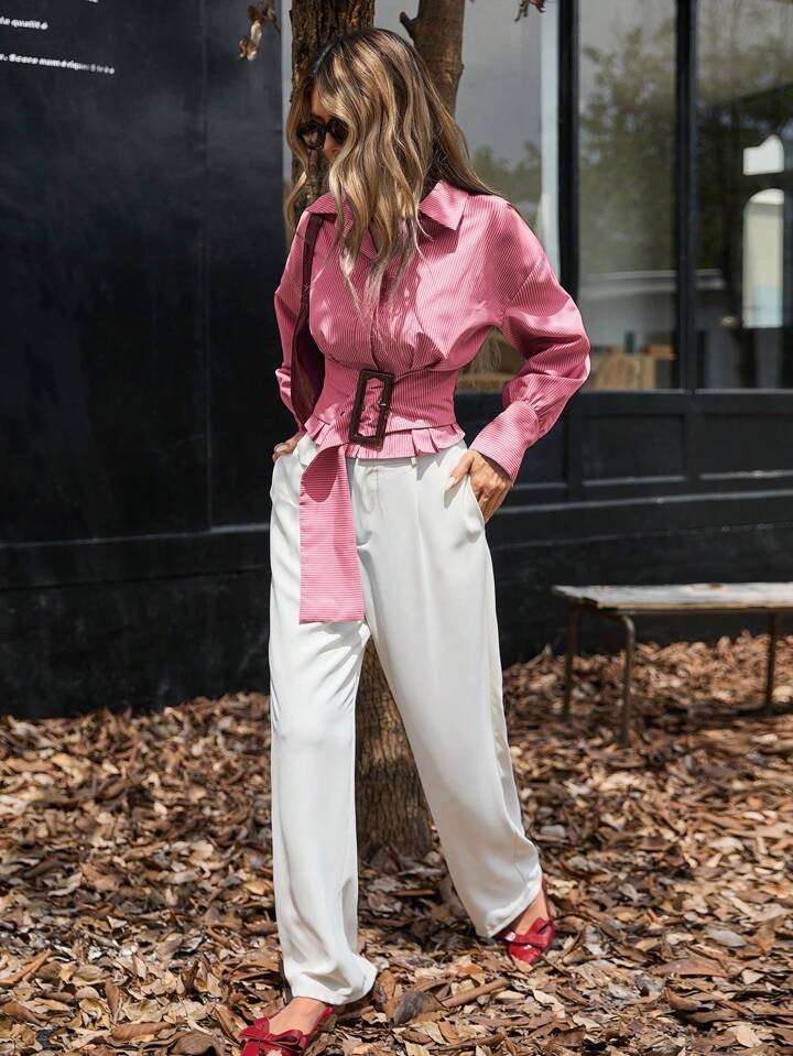CM-TS283772 Women Casual Seoul Style Oversized Buckle Puff Sleeve Striped Button Up Shirt - Red