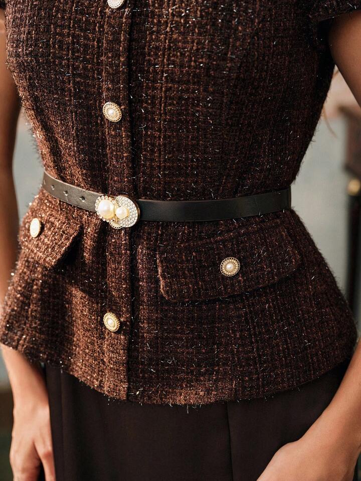 CM-DS844744 Women Elegant Seoul Style Stand Collar Short Sleeve Tweed Satin Patchwork Dress - Coffee
