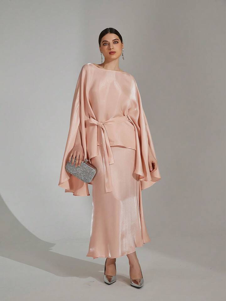 CM-SS440081 Women Elegant Seoul Style Round Neck 3/4 Sleeve Top With Mermaid Skirt - Set