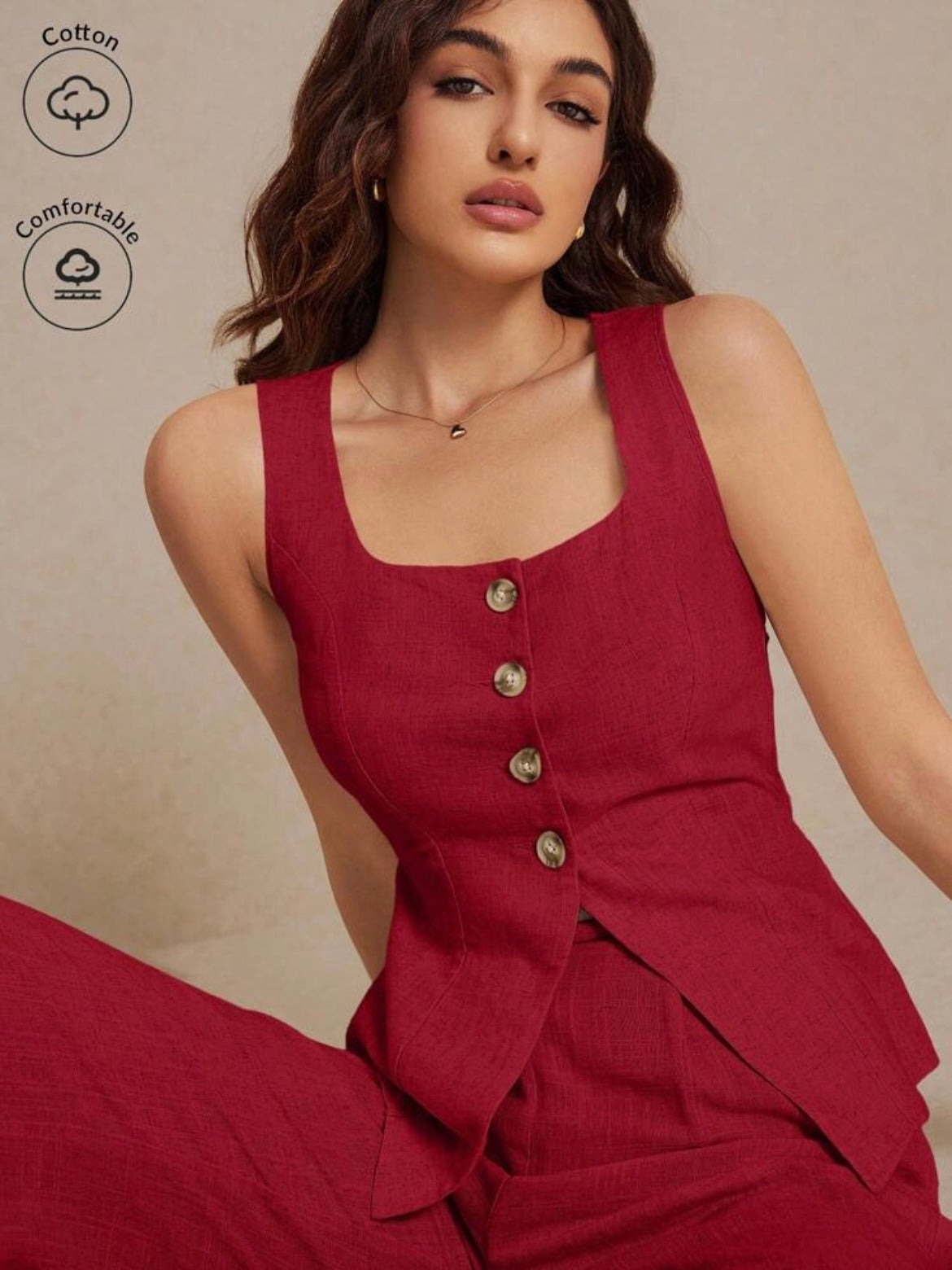 CM-SS698023 Women Casual Seoul Style Metal Button Embellishment Split Square Neck Sleeveless Vest With Pants - Set