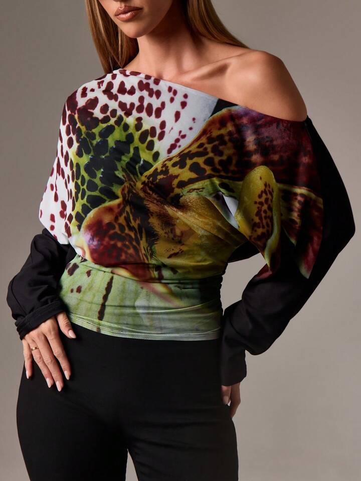 CM-TS864362 Women Casual Seoul Style Floral Pattern Design Long Sleeve Asymmetrical Off Shoulder Blouse