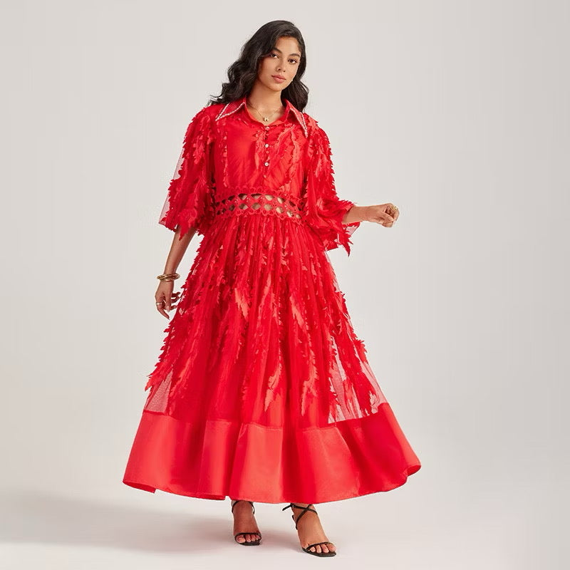 CM-DY055505 Women Elegant European Style Collar Rhinestone Neckline Half Sleeve Hollow Out Long Dress - Red