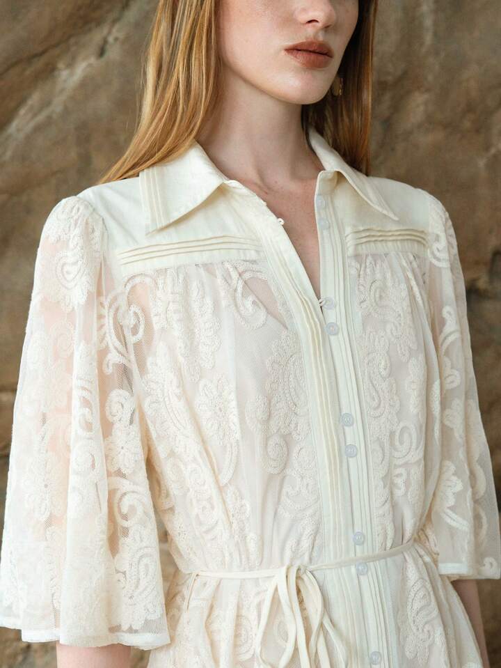 CM-DS317369 Women Trendy Bohemian Style Floral Jacquard Collar Neckline Half Sleeve High Waist Shirt Dress