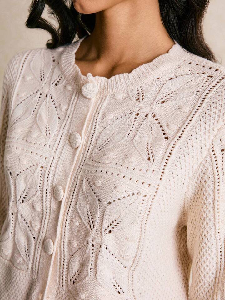 CM-CS434479 Women Casual Seoul Style Round Neck Long Sleeve Hollow Out Button Front Loose Knitted Cardigan