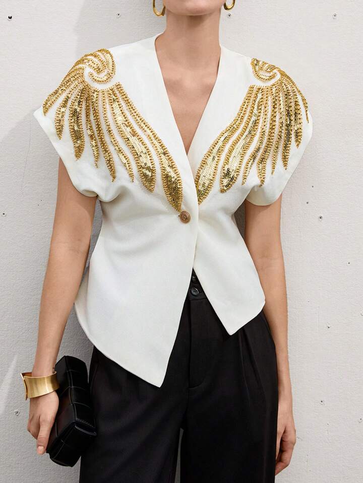 CM-TS871447 Women Elegant Seoul Style Asymmetrical Hem V-Neck Padded Beaded Embroidered Blouse - Beige